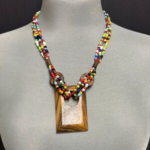 Vintage Boho Triple Strand Glass Seed Bead and Wood Pendant